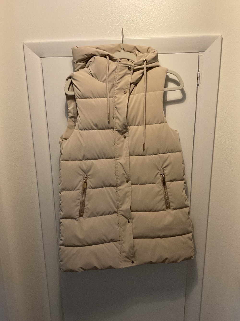 Zara Long Puffer Vest, Light Taupe Color, Size Small